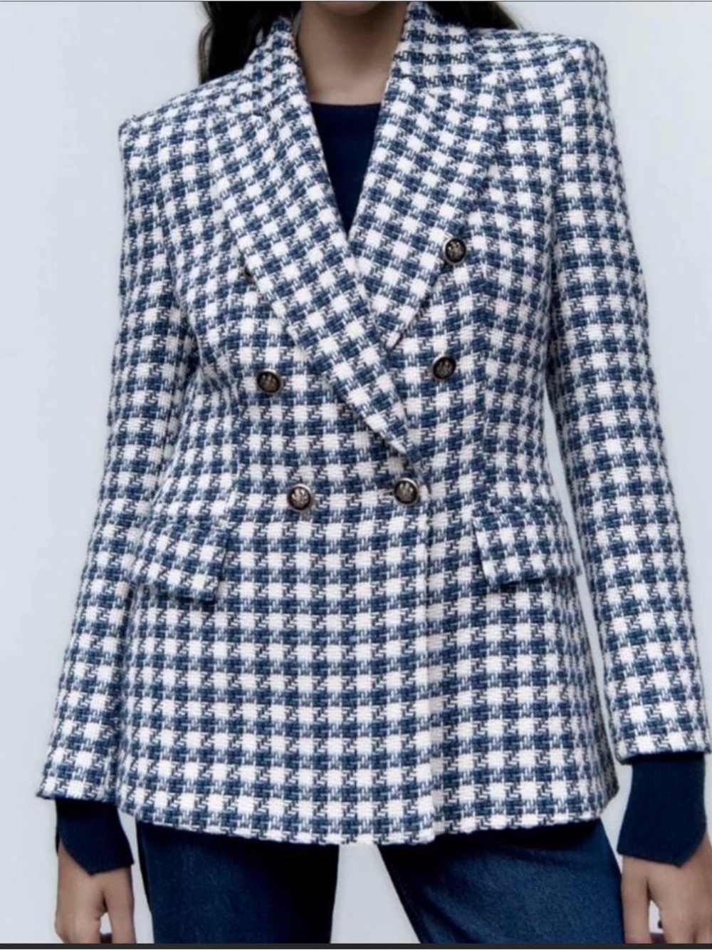 Zara Houndstooth Double Breasted Blazer Women’s Small Blue White Tweed Jacket